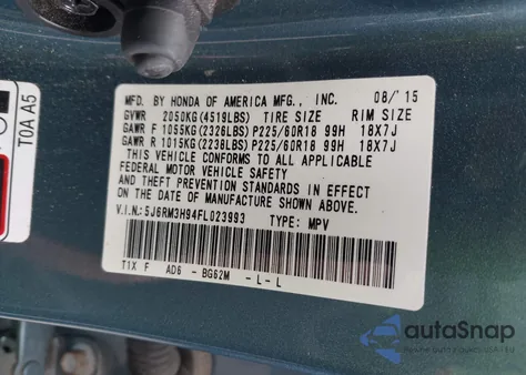 2015 Honda Cr-V Touring z USA, uszkodzony, nr VIN 5J6RM3H94FL023993